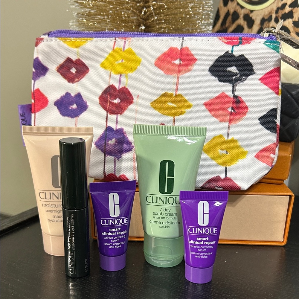 Clinique Skincare Set with colorful cosmetic bag